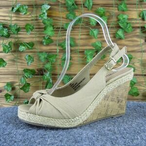 Seychelles Women's Colada Beige Fabric Peep Toe Wedge Heels Size 7.5